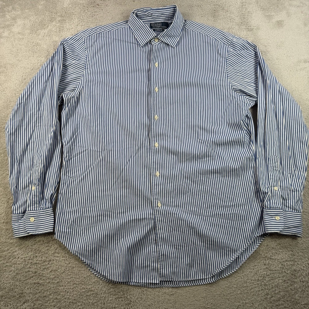 Polo Ralph Lauren Shirt Mens Large Blue White Striped Classic Fit Button Up
